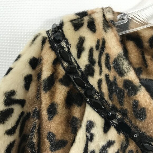 Terry Lewis Faux Fur Cropped Jacket Leopard Print Beaded and Lace Detail  NEW L - Picture 5 of 15